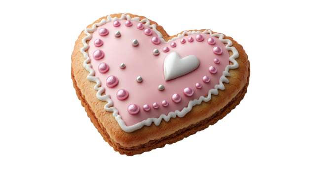 Sweetheart cookie, exquisitely decorated in a photorealistic close-up, a symbol of love and affection. Capturing the pure delight of a perfect confection Isolated On Transparent and White Background