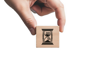Closeup of a hand holding a wooden block with an hourglass icon, symbolizing time, isolated on transparent background