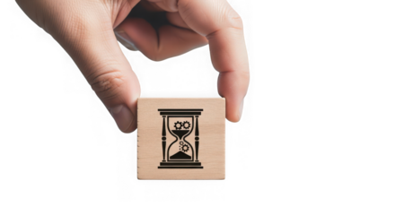 Closeup of a hand holding a wooden block with an hourglass icon, symbolizing time, isolated on transparent background