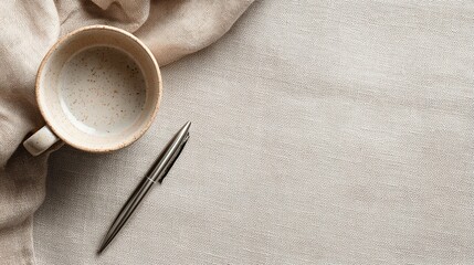 Ceramic Cup and Pen on Linen Desk Flat lay with Copy Space