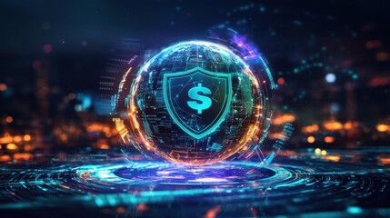 Digital globe with shield and dollar sign over city lights at night