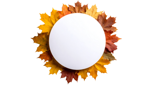 A circular arrangement of colorful autumn leaves surrounding a blank white circle.