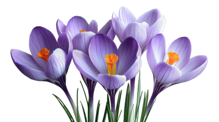 captivating close-up shot captures the delicate beauty of several vibrant purple crocus blossoms, each petal a soft. Isolated On Transparent and White Background