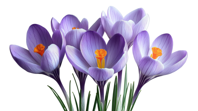 captivating close-up shot captures the delicate beauty of several vibrant purple crocus blossoms, each petal a soft. Isolated On Transparent and White Background