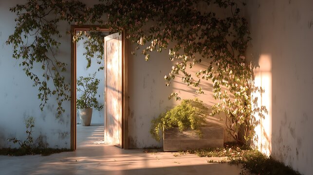 Eco inspired scene with partial doorway and green vines creeping indoors, soft natural shadow on blank wall background, perfect template for design, decor, and campaign text.