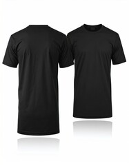 Front and back views of a plain black t-shirt are displayed against a white background with a soft reflection on the glossy surface below