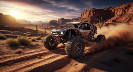 Off Road Adventure Dune Buggy Driving Through Desert Landscape at Sunset