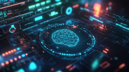 Digital rendering of glowing brain in technological interface