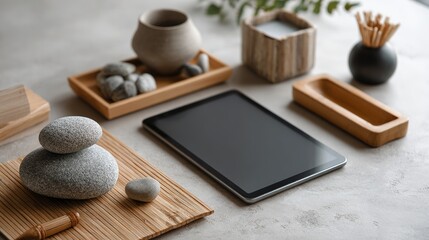 Minimalist Workspace with Tablet and Stones on Desk