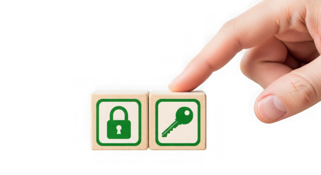 Hand touching wooden blocks with green lock and key symbols, isolated on transparent background