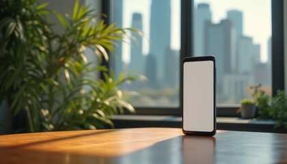 Fototapeta premium Smartphone with blank screen beside green plants in modern apartment