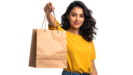 Smiling woman holding up a brown paper shopping bag against a white background, wearing a yellow shirt and jeans.