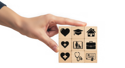 Hand arranging wooden blocks with icons representing life, education, home, health, and career, isolated on transparent background