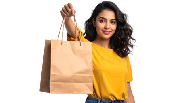 Smiling woman holding up a brown paper shopping bag against a white background, wearing a yellow shirt and jeans. - Powered by Adobe