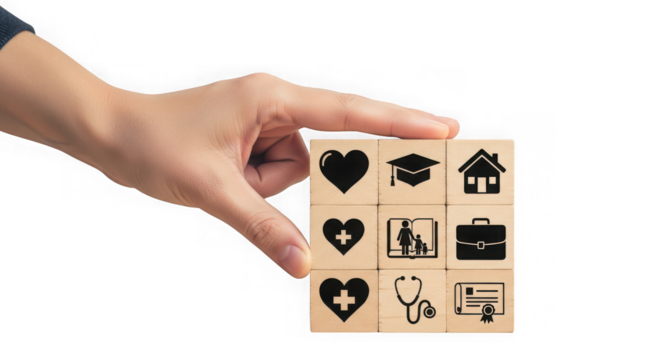Hand arranging wooden blocks with icons representing life, education, home, health, and career, isolated on transparent background