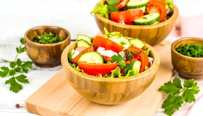 Fresh vegetable salad in wooden bowls