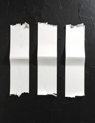 Three vertical strips of torn white paper with folded sections placed against a textured dark surface