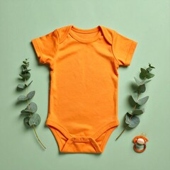 Flat lay featuring an orange baby onesie, eucalyptus sprigs, and a pacifier on a mint green background