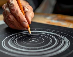 A person's hand holding a pencil draws concentric circles on a black surface, creating a detailed, symmetrical design