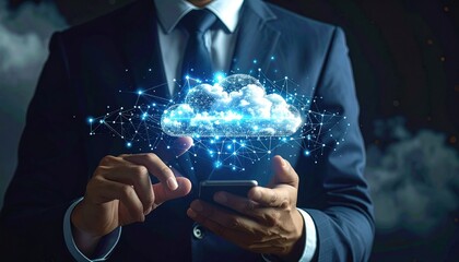 Person using a phone, with a stylized blue cloud above the device, connected by a network, against a blurred dark background