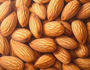 Overhead shot of a heap of almonds, showcasing their light-brown shells, textured surfaces, and rounded shapes