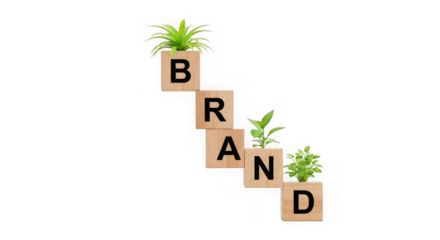 Wooden blocks spelling brand with small plants growing from them, arranged in a descending staircase, isolated on transparent background