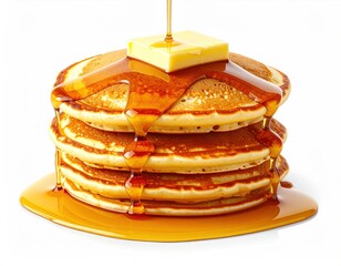 Tall stack of golden pancakes, topped with melting butter and drizzled with shimmering syrup against a clean white backdrop, food photgraphy