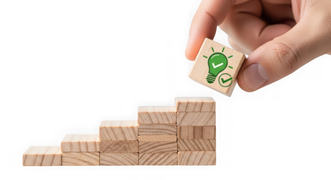 Hand placing a wooden block with a lightbulb and checkmark on a staircase of blocks, isolated on transparent background - Powered by Adobe