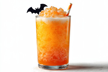 orange cream soda in glass with bat-shaped straw, Halloween themed drink on white background