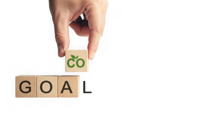 Hand placing a wooden block with a green eco logo and co to complete the word goal, isolated on transparent background