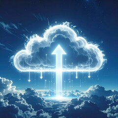 Luminous cloud formation with arrow ascending, surrounded by trailing lights, contrasting with softer clouds against a deep blue gradient sky