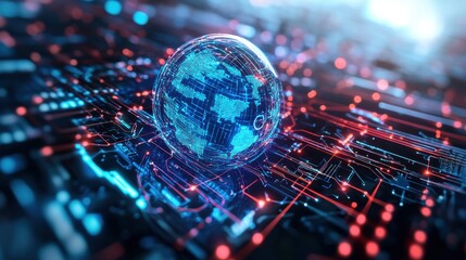 Glowing digital globe on circuit board in abstract environment