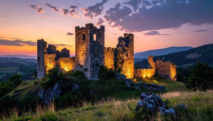 Obraz premium Medieval Castle Ruins Illuminated at Sunset in Mountainous Landscape with Lush Greenery in the Foreground and Cloudy Sky in the Background