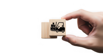 Hand holding a wooden block with a forklift icon, next to another block, isolated on transparent background