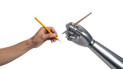 Human hand holding a pencil and robotic hand holding a paintbrush, side-by-side comparison.