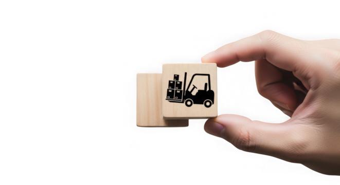 Hand holding a wooden block with a forklift icon, next to another block, isolated on transparent background