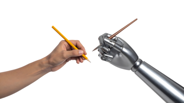 Human hand holding a pencil and robotic hand holding a paintbrush, side-by-side comparison.