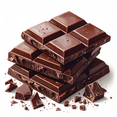 Stacked, glossy dark chocolate squares and loose pieces against a white background, forming a tempting, delicious treat