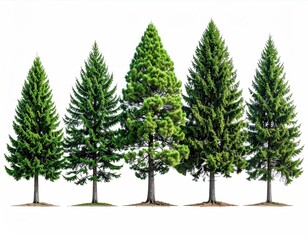 Five evergreen trees of varying shapes and sizes stand in a row against a stark white background, showcasing their needle textures and tree trunks