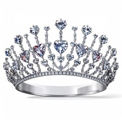 Ornate tiara crafted from silver metal with heart-shaped gems adorning its peak against a pristine white backdrop