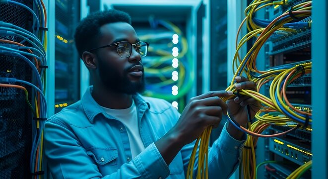 Technician managing network cables in server room data center