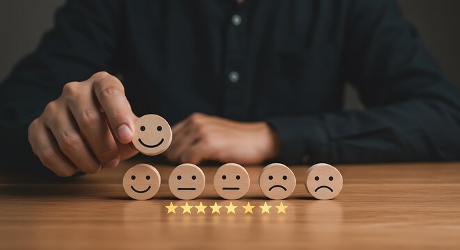 Customer Feedback: Smiley Faces and Star Rating on Wooden Blocks satisfaction review emoticons emotions happy sad neutral
