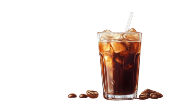 Refreshing iced coffee in a tall glass, a perfect emblem of summer, set against a pristine backdrop, a symphony of taste and visual delight. Isolated On Transparent and White Background