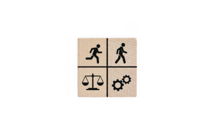 Wooden block with icons of running person, scale, and gears, isolated on transparent background