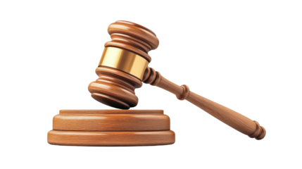 A wooden gavel resting on a round block, symbolizing justice, law, and order in court. Isolated On Transparent and White Background