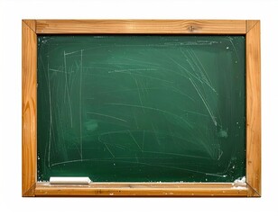 Green chalkboard with wooden frame shows residual chalk marks, suggesting previous use. Single chalk stick rests at its bottom edge