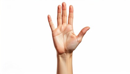 Fototapeta premium An isolated human hand, palm facing forward against white, with fingers slightly splayed. Light skin tone. Natural, healthy looking hand