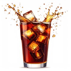 Refreshing drink dark liquid with ice cubes splashing, isolated against a clean white backdrop, showcasing dynamic movement and effervescence