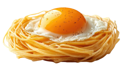 Egg and pasta nest: culinary delight showcasing a perfectly fried egg nestled in a creatively crafted nest of golden pasta. Isolated On Transparent and White Background
