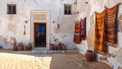 An open doorway of a weathered white building showcases colorful fabrics, with pottery and woven rugs adding to the desert scene